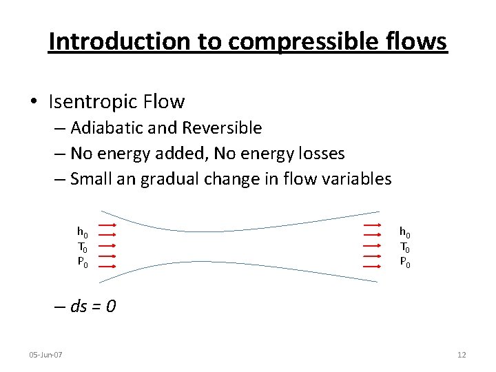 Introduction to compressible flows • Isentropic Flow – Adiabatic and Reversible – No energy