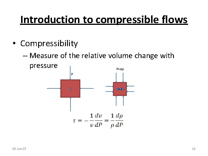 Introduction to compressible flows • Compressibility – Measure of the relative volume change with