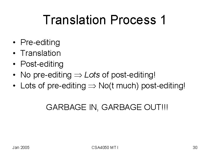 Translation Process 1 • • • Pre-editing Translation Post-editing No pre-editing Lots of post-editing!