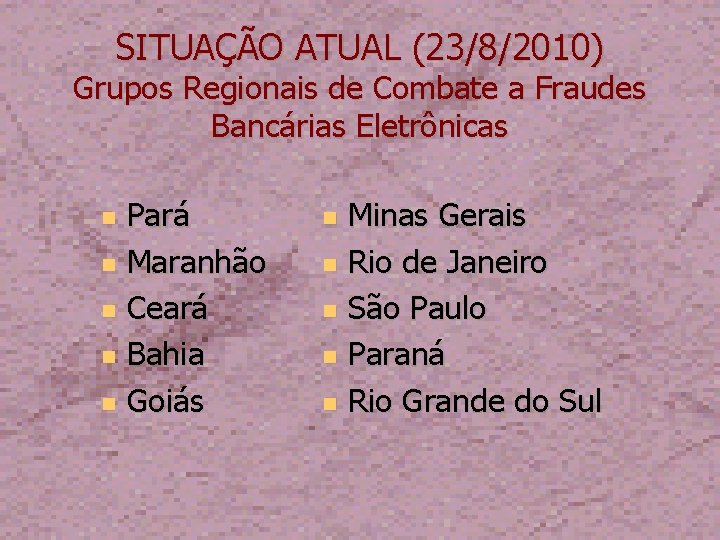 SITUAÇÃO ATUAL (23/8/2010) Grupos Regionais de Combate a Fraudes Bancárias Eletrônicas Pará Maranhão Ceará