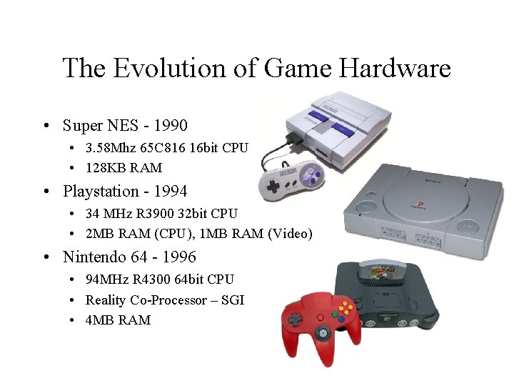 The Evolution of Game Hardware • Super NES - 1990 • 3. 58 Mhz