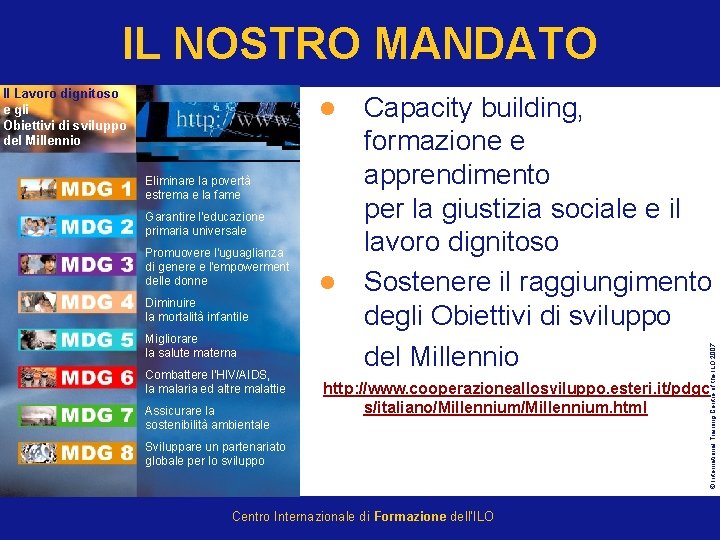 IL NOSTRO MANDATO Il Lavoro dignitoso e gli Obiettivi di sviluppo del Millennio Capacity