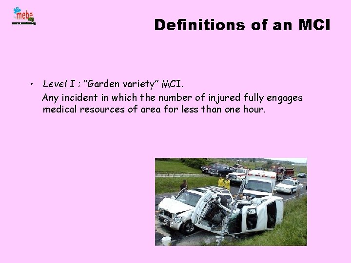 Definitions of an MCI • Level I : “Garden variety” MCI. Any incident in