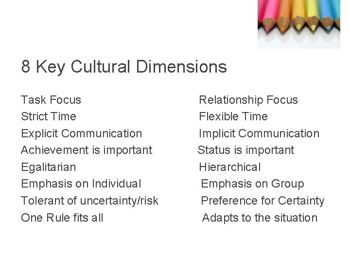 8 Key Cultural Dimensions Task Focus Strict Time Explicit Communication Achievement is important Egalitarian