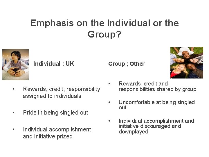 Emphasis on the Individual or the Group? Individual ; UK • • • Rewards,