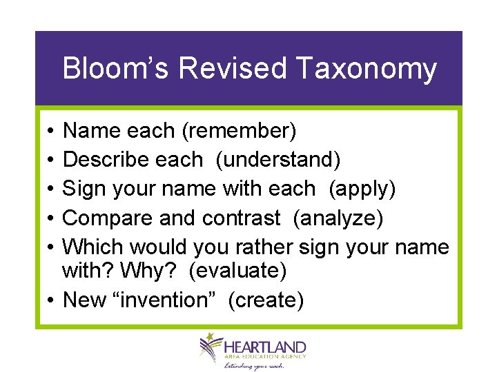 Bloom’s Revised Taxonomy • • • Name each (remember) Describe each (understand) Sign your