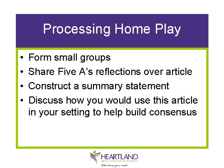 Processing Home Play • • Form small groups Share Five A’s reflections over article