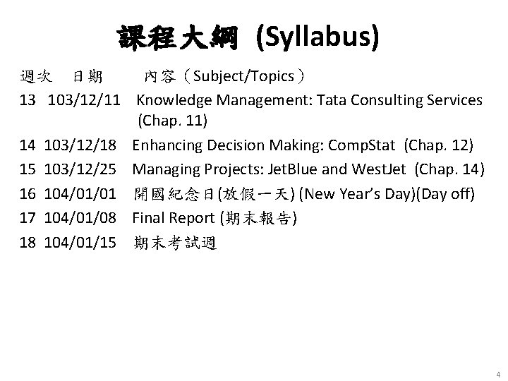 課程大綱 (Syllabus) 週次 日期 內容（Subject/Topics） 13 103/12/11 Knowledge Management: Tata Consulting Services (Chap. 11)