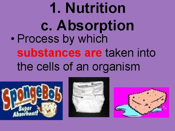 1. Nutrition c. Absorption • Process by which substances are taken into the cells