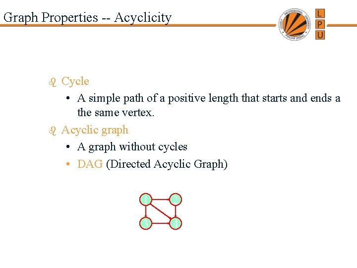 Graph Properties -- Acyclicity b b Cycle • A simple path of a positive