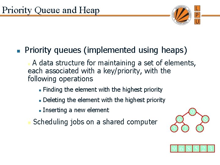 Priority Queue and Heap n Priority queues (implemented using heaps) A data structure for