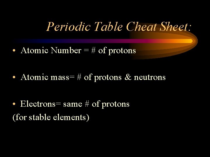 Periodic Table Cheat Sheet: • Atomic Number = # of protons • Atomic mass=