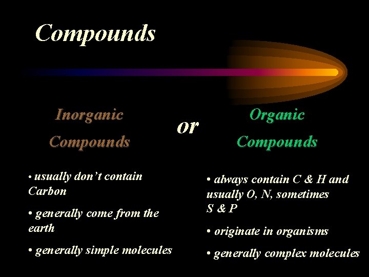 Compounds Inorganic Compounds • usually don’t contain Carbon • generally come from the earth