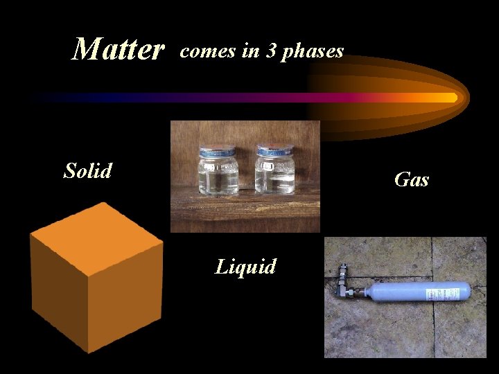 Matter comes in 3 phases Solid Gas Liquid 