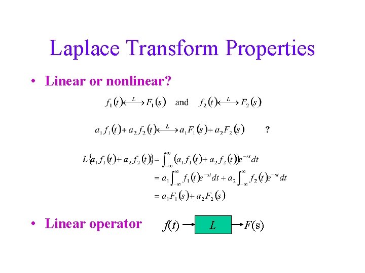 Laplace Transform Properties • Linear or nonlinear? • Linear operator f(t) L F(s) 