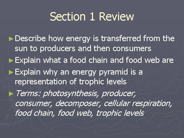 Section 1 Review ► Describe how energy is transferred from the sun to producers Section 1 Review ► Describe how energy is transferred from the sun to producers