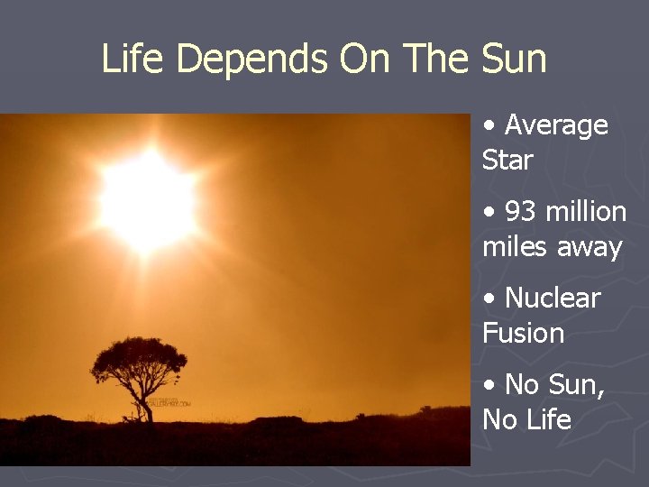 Life Depends On The Sun • Average Star • 93 million miles away • Life Depends On The Sun • Average Star • 93 million miles away •