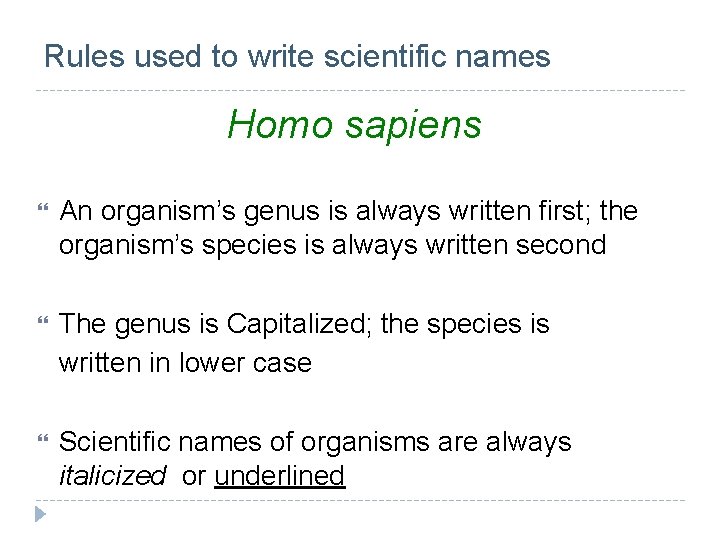 Rules used to write scientific names Homo sapiens An organism’s genus is always written Rules used to write scientific names Homo sapiens An organism’s genus is always written