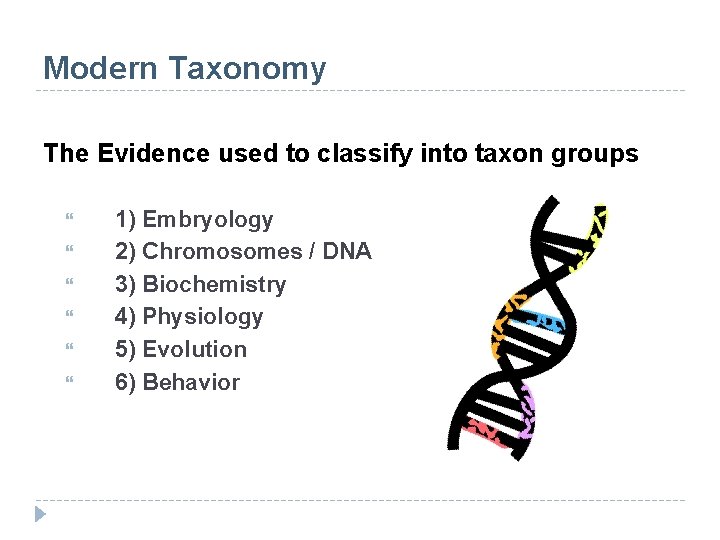 Modern Taxonomy The Evidence used to classify into taxon groups 1) Embryology 2) Chromosomes Modern Taxonomy The Evidence used to classify into taxon groups 1) Embryology 2) Chromosomes
