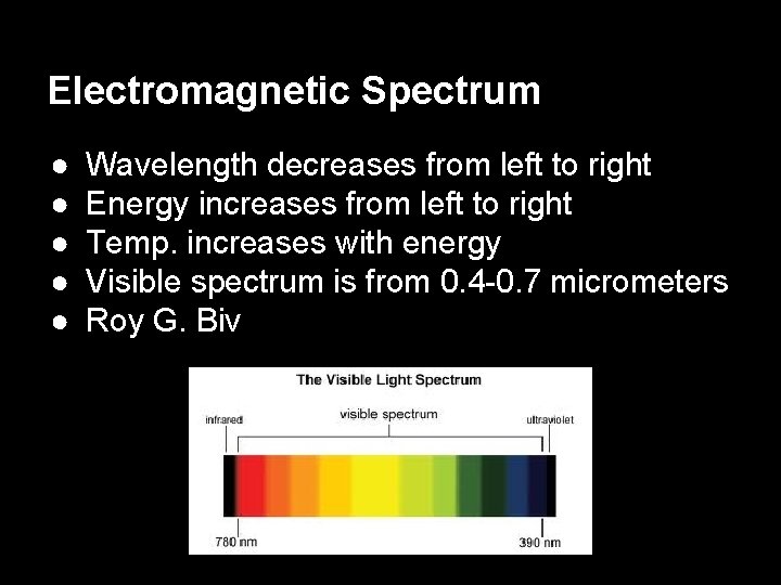 Electromagnetic Spectrum ● ● ● Wavelength decreases from left to right Energy increases from