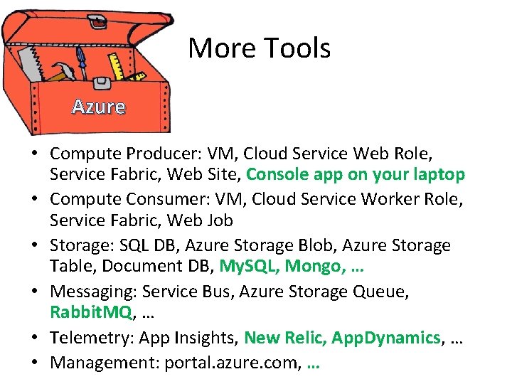 More Tools Azure • Compute Producer: VM, Cloud Service Web Role, Service Fabric, Web