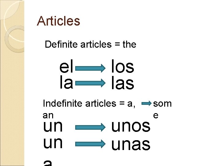 Articles Definite articles = the el la los las Indefinite articles = a, an