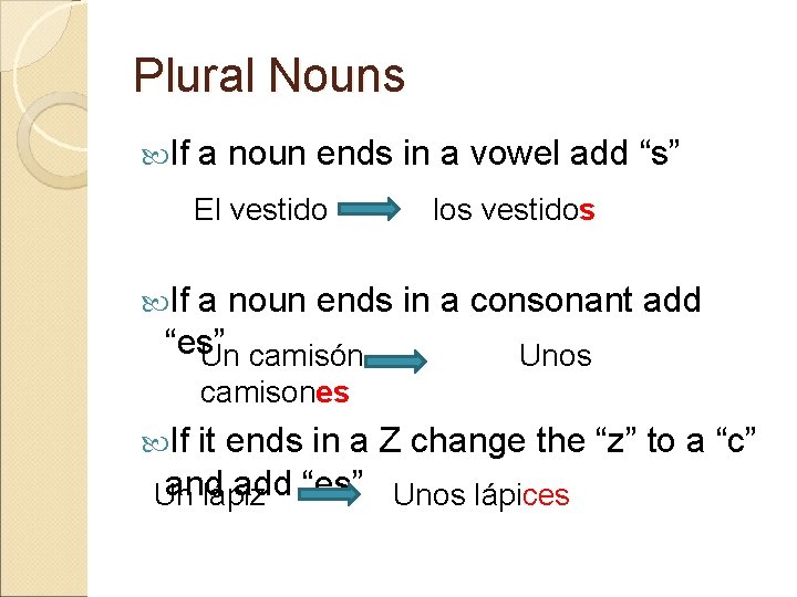 Plural Nouns If a noun ends in a vowel add “s” El vestido los