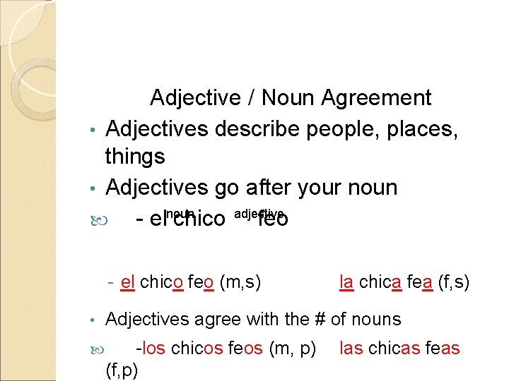 Adjective / Noun Agreement • Adjectives describe people, places, things • Adjectives go after