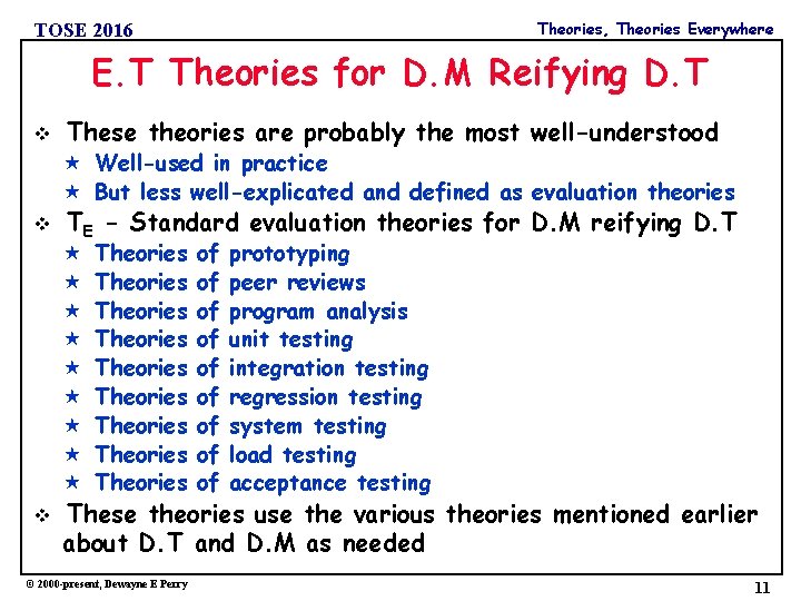 Theories, Theories Everywhere TOSE 2016 E. T Theories for D. M Reifying D. T