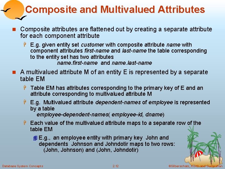 Composite and Multivalued Attributes Composite attributes are flattened out by creating a separate attribute