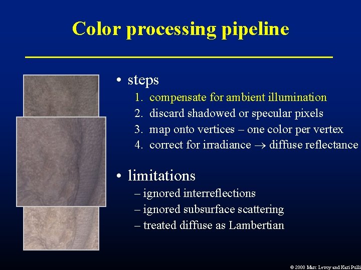 Color processing pipeline • steps 1. 2. 3. 4. compensate for ambient illumination discard Color processing pipeline • steps 1. 2. 3. 4. compensate for ambient illumination discard