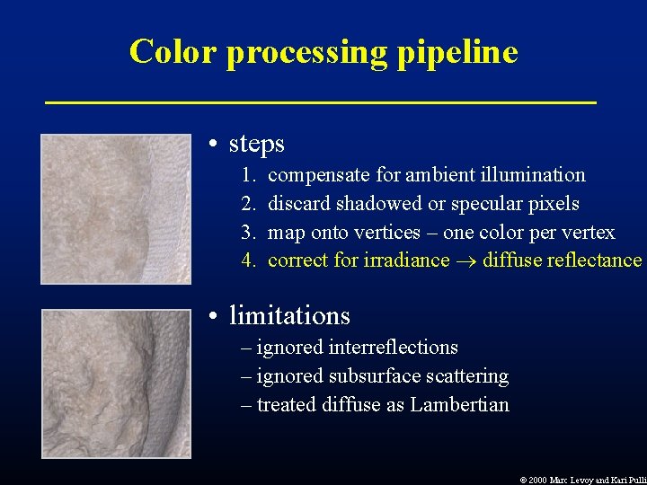Color processing pipeline • steps 1. 2. 3. 4. compensate for ambient illumination discard Color processing pipeline • steps 1. 2. 3. 4. compensate for ambient illumination discard