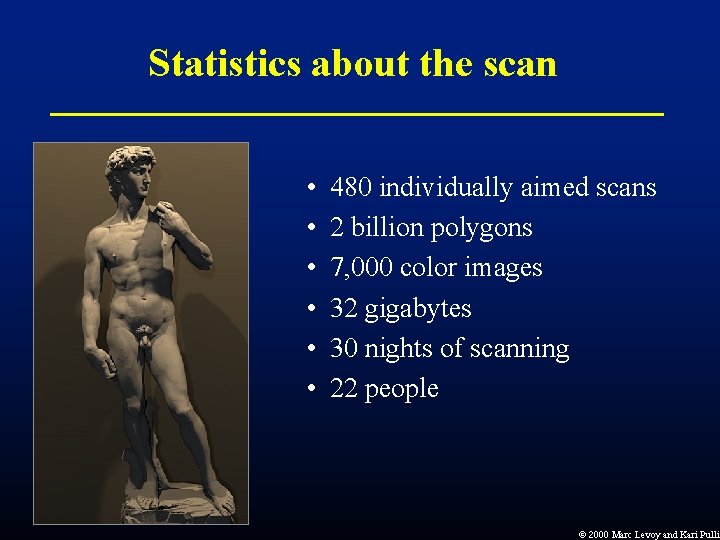 Statistics about the scan • • • 480 individually aimed scans 2 billion polygons Statistics about the scan • • • 480 individually aimed scans 2 billion polygons