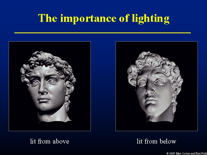 The importance of lighting lit from above lit from below Ó 2000 Marc Levoy The importance of lighting lit from above lit from below Ó 2000 Marc Levoy
