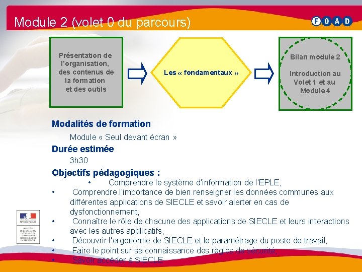 Module 2 (volet 0 du parcours) Présentation de l’organisation, des contenus de la formation