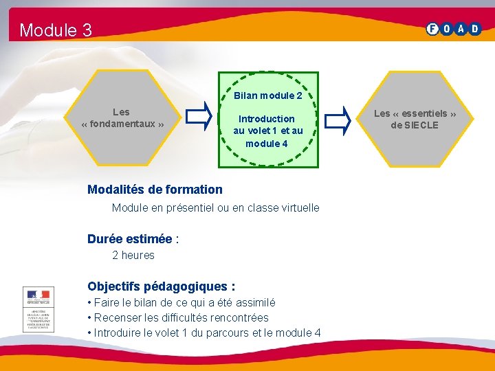 Module 3 Bilan module 2 Les « fondamentaux » Introduction au volet 1 et