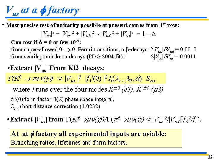 Vus at a f factory • Most precise test of unitarity possible at present Vus at a f factory • Most precise test of unitarity possible at present