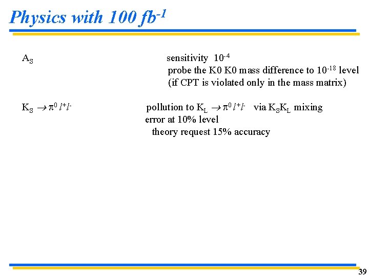 Physics with 100 fb-1 AS KS 0 l+l- sensitivity 10 -4 probe the K Physics with 100 fb-1 AS KS 0 l+l- sensitivity 10 -4 probe the K
