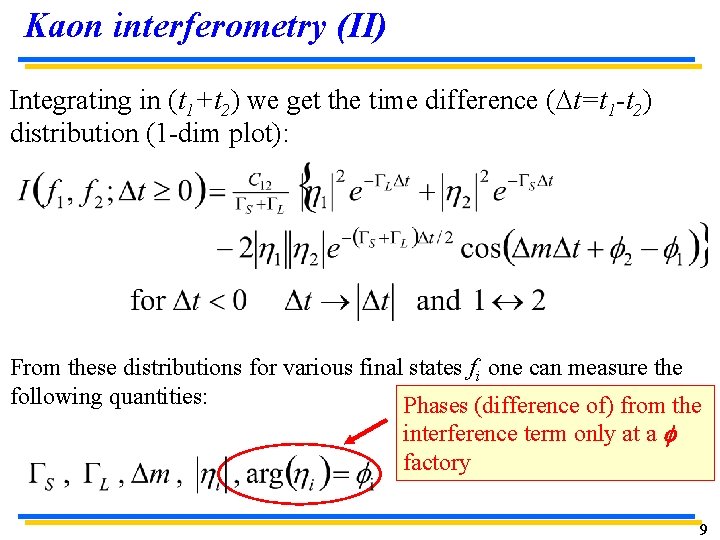 Kaon interferometry (II) Integrating in (t 1+t 2) we get the time difference (Dt=t Kaon interferometry (II) Integrating in (t 1+t 2) we get the time difference (Dt=t