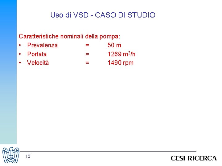 Uso di VSD - CASO DI STUDIO Caratteristiche nominali della pompa: • Prevalenza =