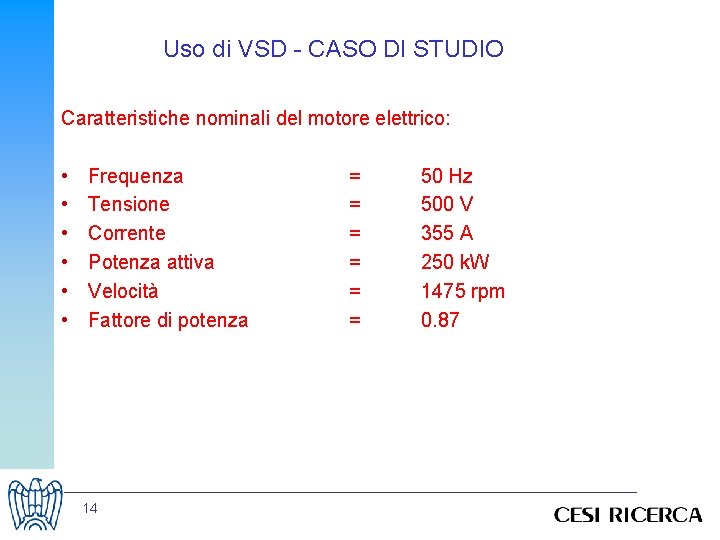 Uso di VSD - CASO DI STUDIO Caratteristiche nominali del motore elettrico: • •
