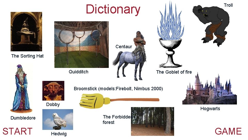 Dictionary Troll Centaur The Sorting Hat Quidditch The Goblet of fire Broomstick (models: Firebolt,