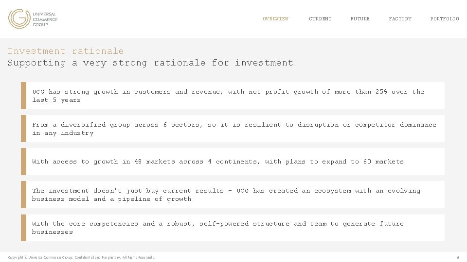 OVERVIEW CURRENT FUTURE FACTORY PORTFOLIO Investment rationale Supporting a very strong rationale for investment