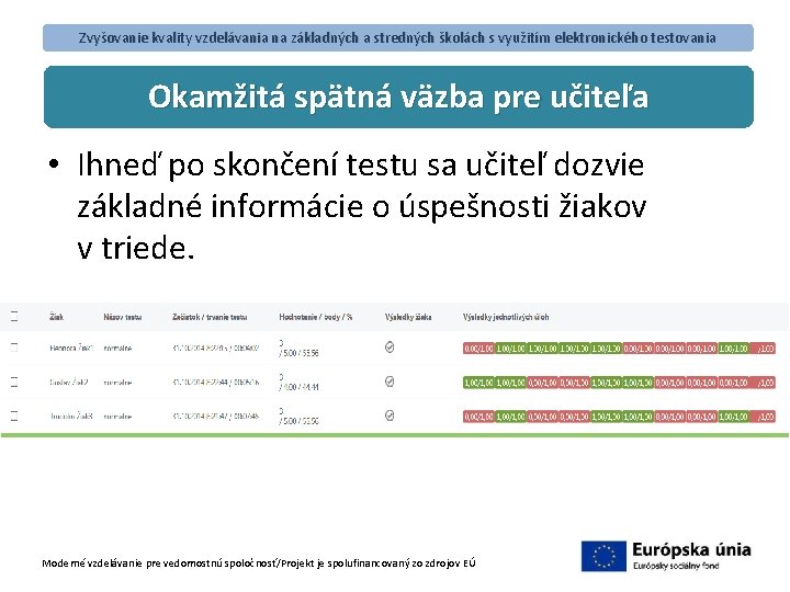 Zvyšovanie kvality vzdelávania na základných a stredných školách s využitím elektronického testovania Okamžitá spätná