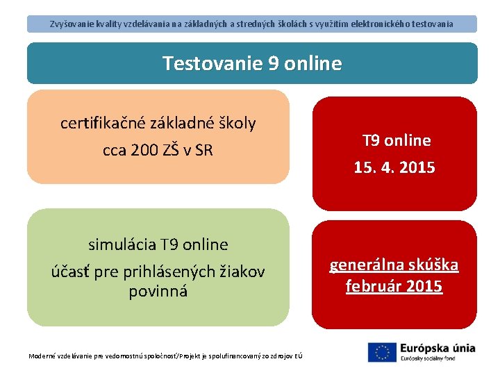 Zvyšovanie kvality vzdelávania na základných a stredných školách s využitím elektronického testovania Testovanie 9