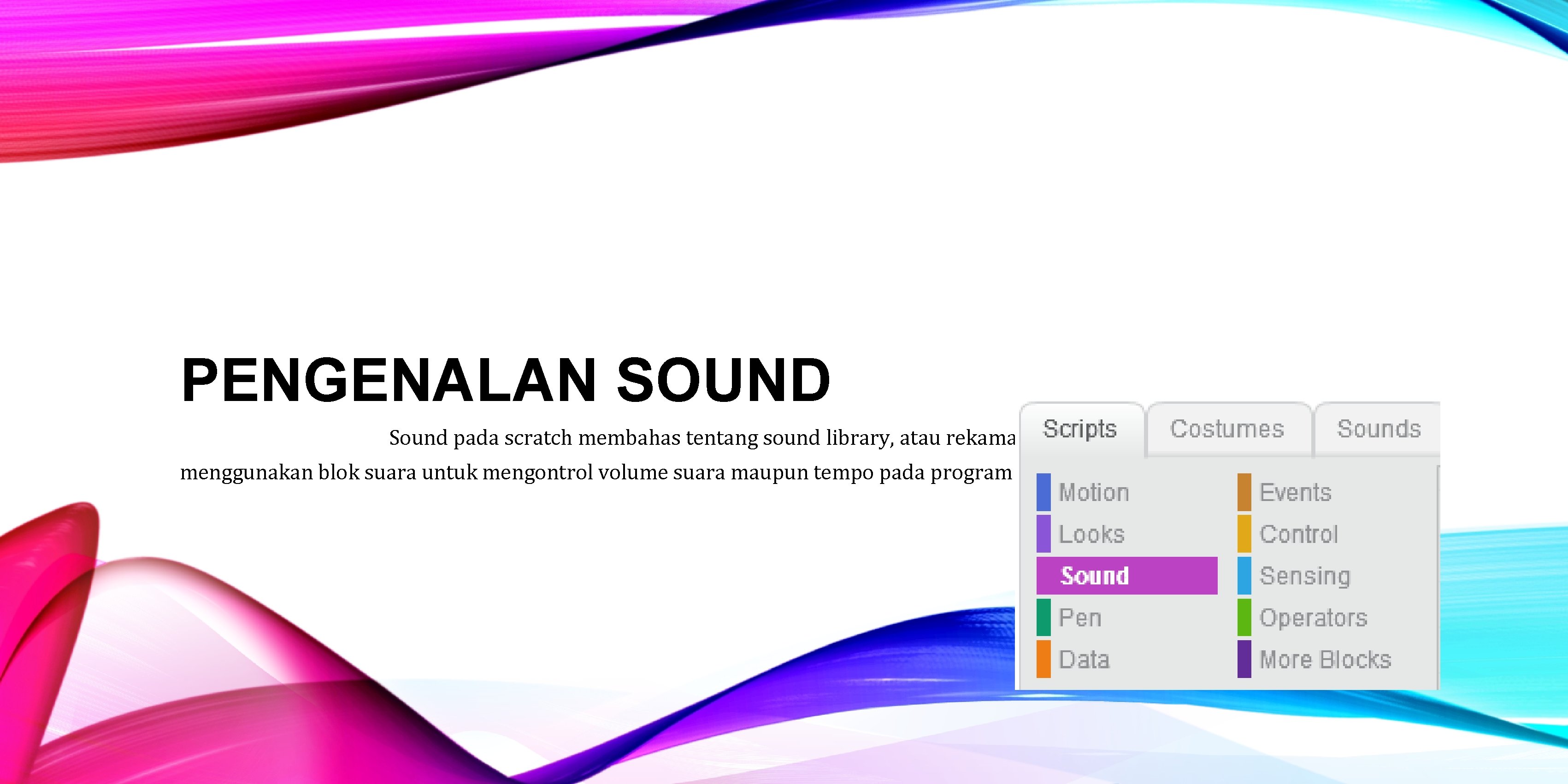 PENGENALAN SOUND Sound pada scratch membahas tentang sound library, atau rekaman. Suara dapat dimainkan