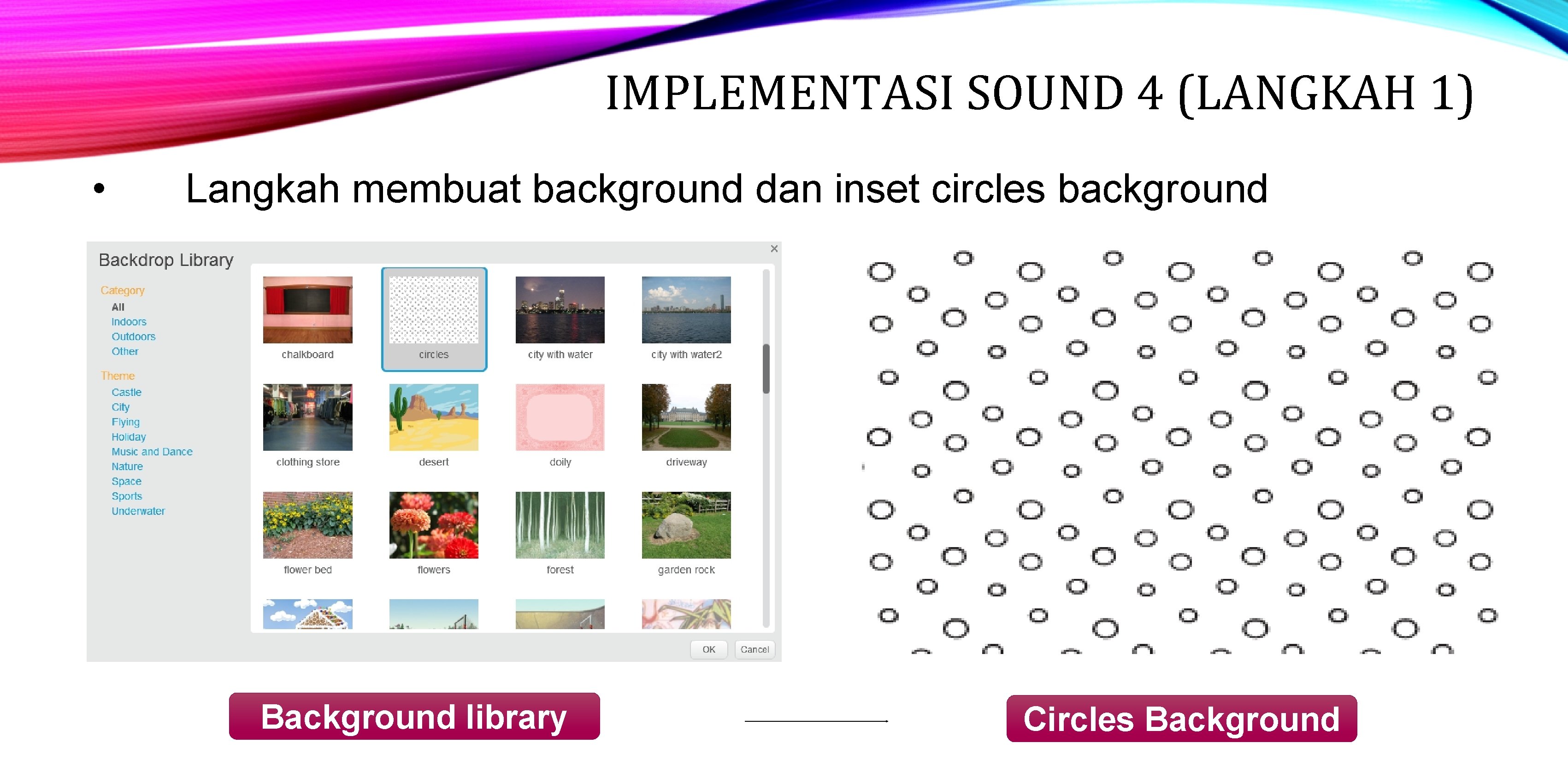 IMPLEMENTASI SOUND 4 (LANGKAH 1) • Langkah membuat background dan inset circles background Background
