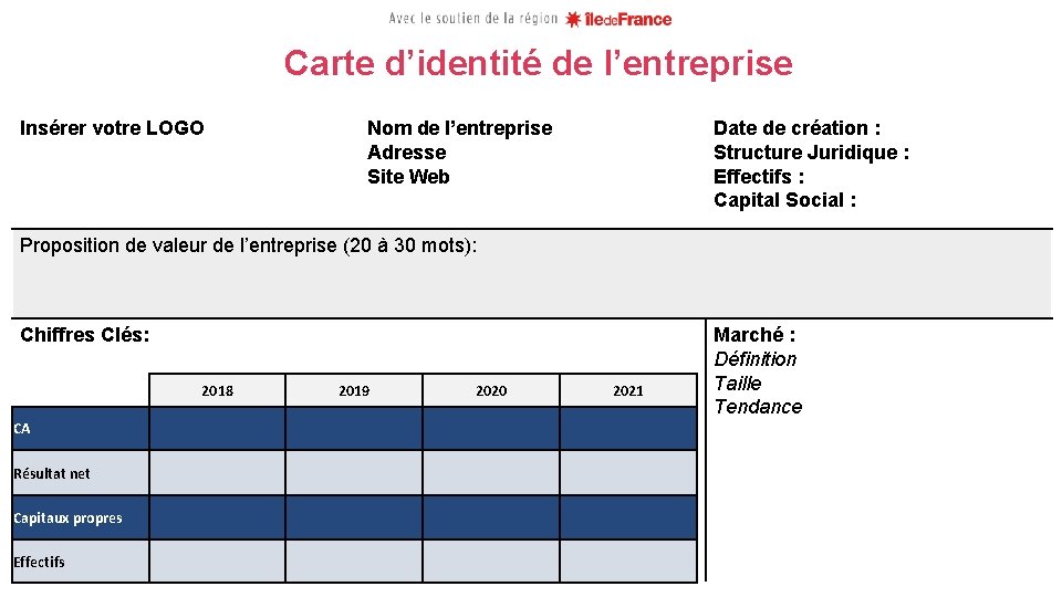 Carte d’identité de l’entreprise Insérer votre LOGO Nom de l’entreprise Adresse Site Web Date