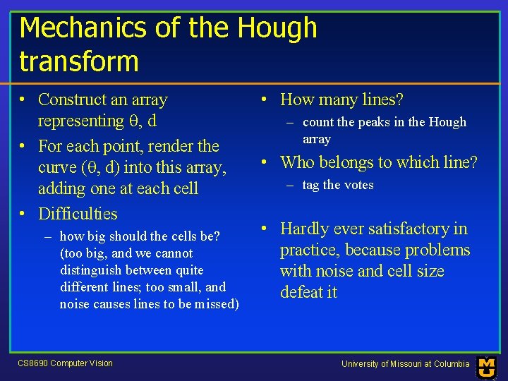 Mechanics of the Hough transform • Construct an array representing , d • For
