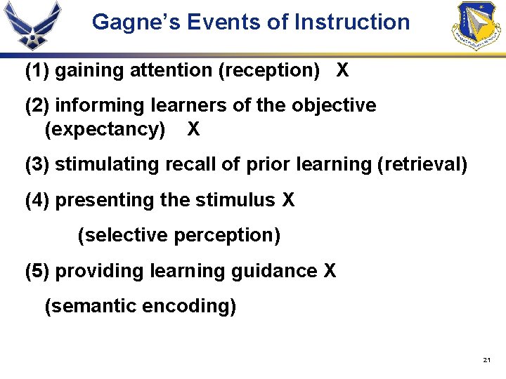 Gagne’s Events of Instruction (1) gaining attention (reception) X (2) informing learners of the